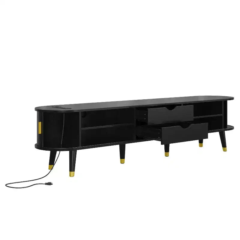 Meuble TV en bois avec porte tambour coulissante pour téléviseur de 80 pouces, meuble de rangement TV cannelé avec poignée dorée, console de meuble TV ovale