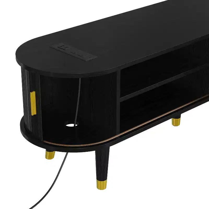 Meuble TV en bois avec porte tambour coulissante pour téléviseur de 80 pouces, meuble de rangement TV cannelé avec poignée dorée, console de meuble TV ovale