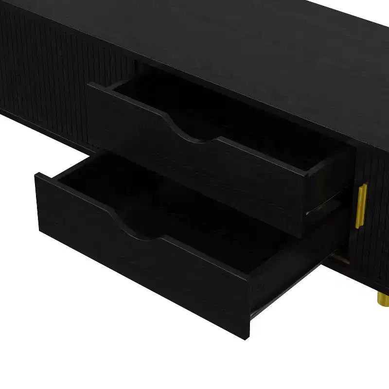 Meuble TV en bois avec porte tambour coulissante pour téléviseur de 80 pouces, meuble de rangement TV cannelé avec poignée dorée, console de meuble TV ovale