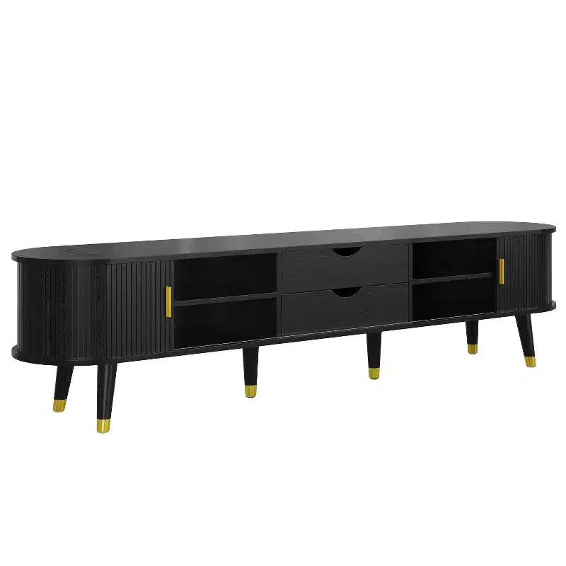 Meuble TV en bois avec porte tambour coulissante pour téléviseur de 80 pouces, meuble de rangement TV cannelé avec poignée dorée, console de meuble TV ovale