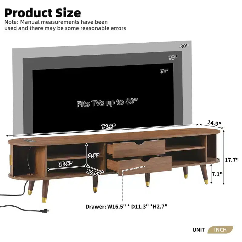 Meuble TV en bois avec porte tambour coulissante pour téléviseur de 80 pouces, meuble de rangement TV cannelé avec poignée dorée, console de meuble TV ovale