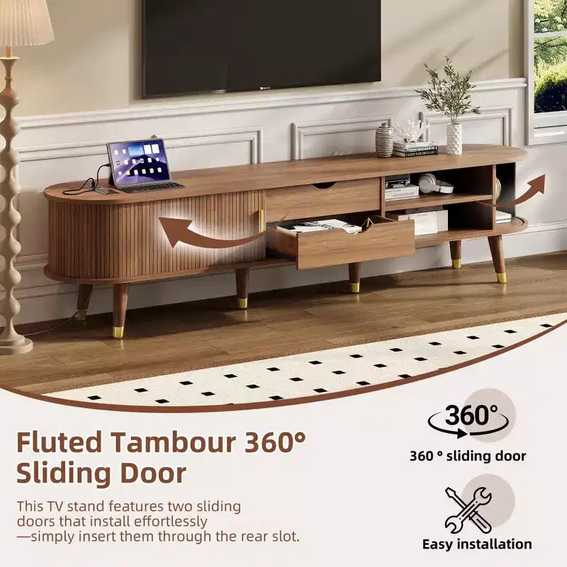 Meuble TV en bois avec porte tambour coulissante pour téléviseur de 80 pouces, meuble de rangement TV cannelé avec poignée dorée, console de meuble TV ovale