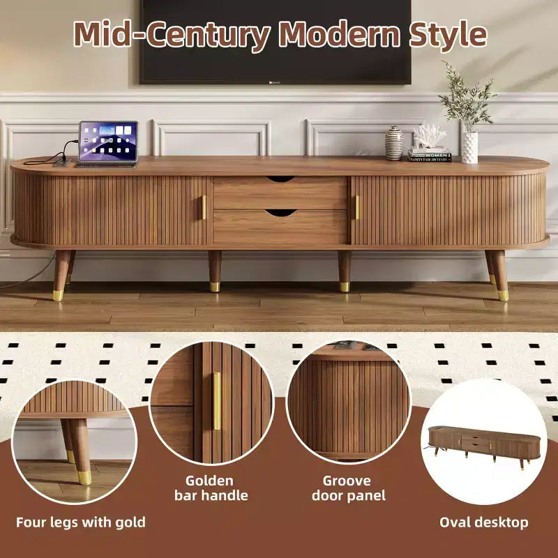 Meuble TV en bois avec porte tambour coulissante pour téléviseur de 80 pouces, meuble de rangement TV cannelé avec poignée dorée, console de meuble TV ovale