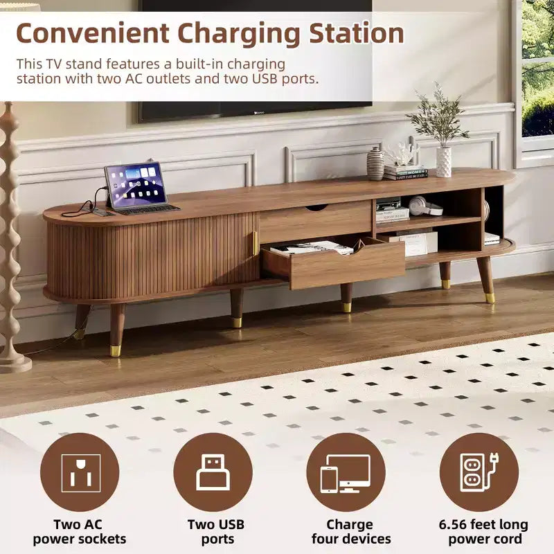 Meuble TV en bois avec porte tambour coulissante pour téléviseur de 80 pouces, meuble de rangement TV cannelé avec poignée dorée, console de meuble TV ovale