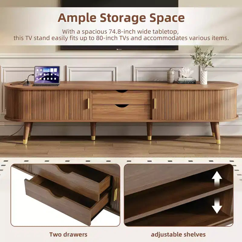 Meuble TV en bois avec porte tambour coulissante pour téléviseur de 80 pouces, meuble de rangement TV cannelé avec poignée dorée, console de meuble TV ovale