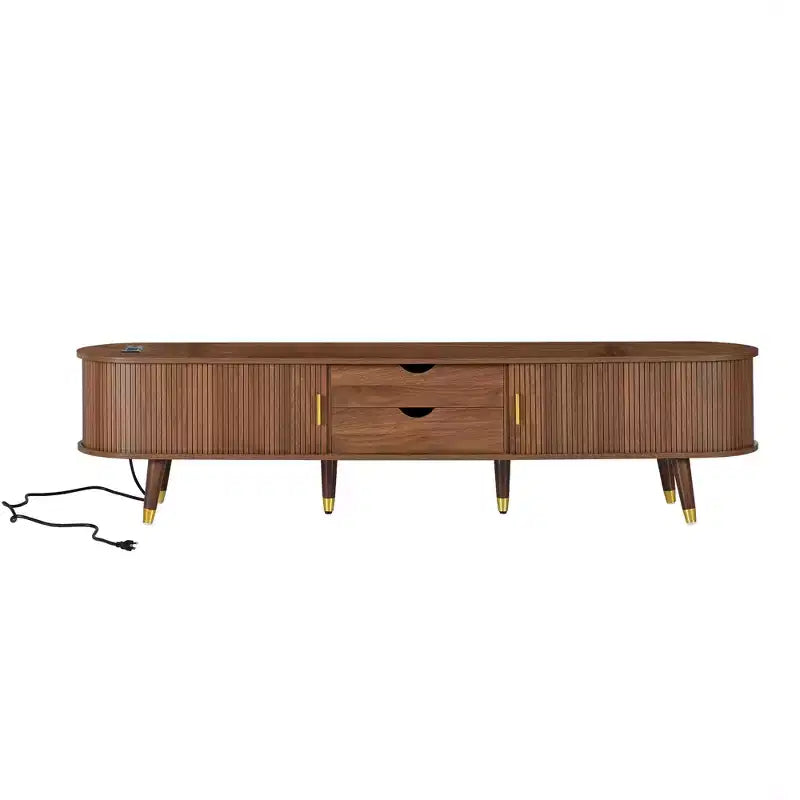 Meuble TV en bois avec porte tambour coulissante pour téléviseur de 80 pouces, meuble de rangement TV cannelé avec poignée dorée, console de meuble TV ovale