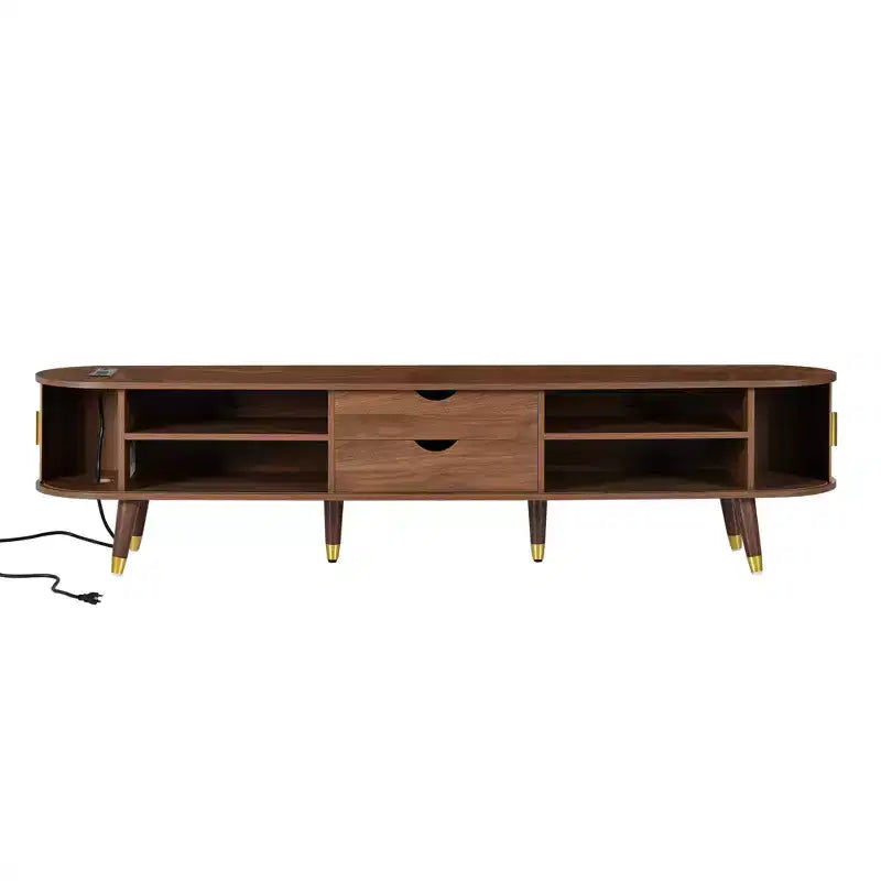 Meuble TV en bois avec porte tambour coulissante pour téléviseur de 80 pouces, meuble de rangement TV cannelé avec poignée dorée, console de meuble TV ovale
