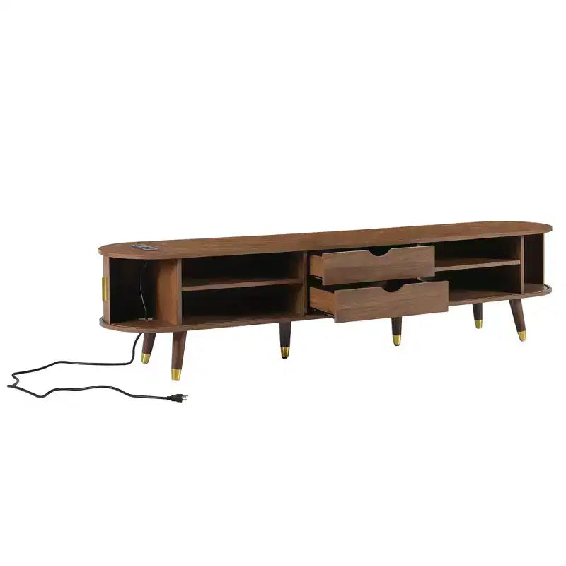 Meuble TV en bois avec porte tambour coulissante pour téléviseur de 80 pouces, meuble de rangement TV cannelé avec poignée dorée, console de meuble TV ovale