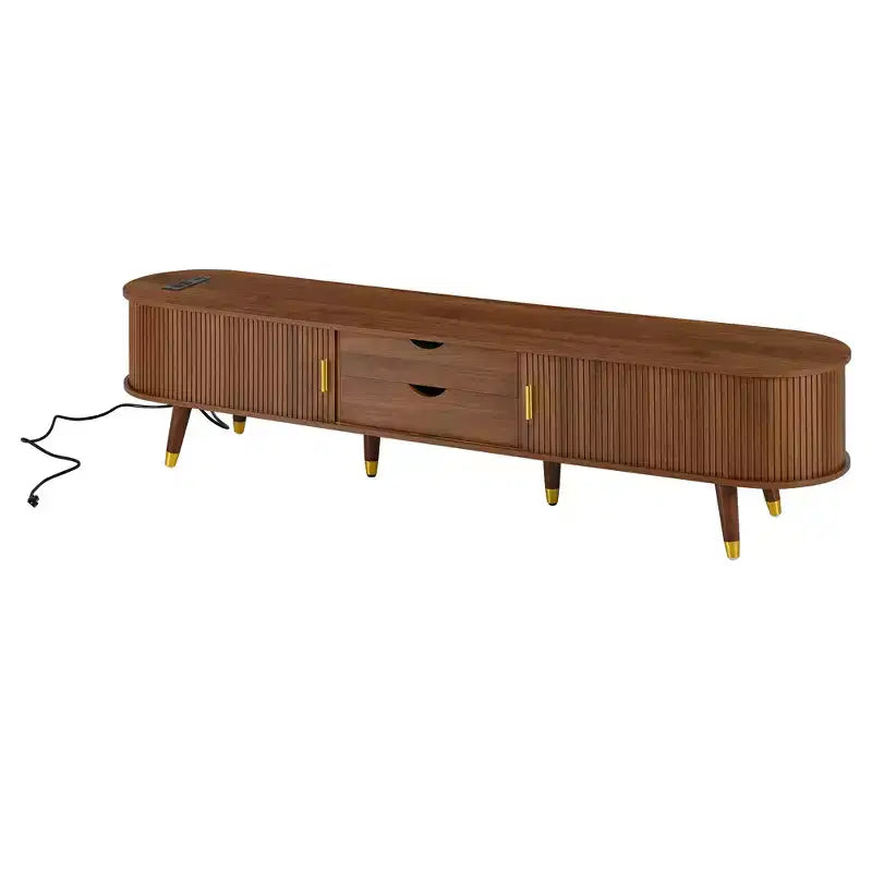 Meuble TV en bois avec porte tambour coulissante pour téléviseur de 80 pouces, meuble de rangement TV cannelé avec poignée dorée, console de meuble TV ovale