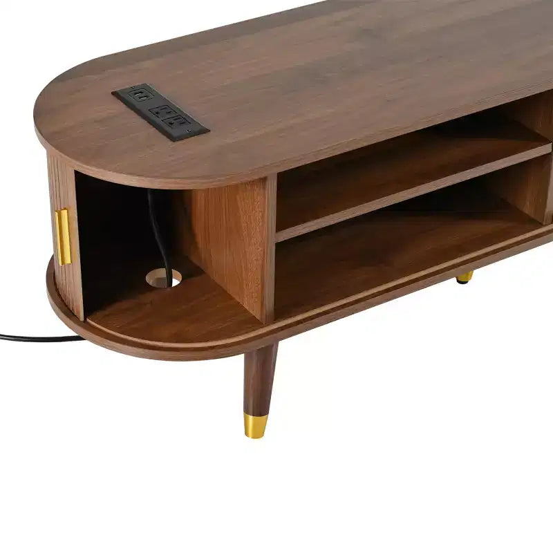 Meuble TV en bois avec porte tambour coulissante pour téléviseur de 80 pouces, meuble de rangement TV cannelé avec poignée dorée, console de meuble TV ovale