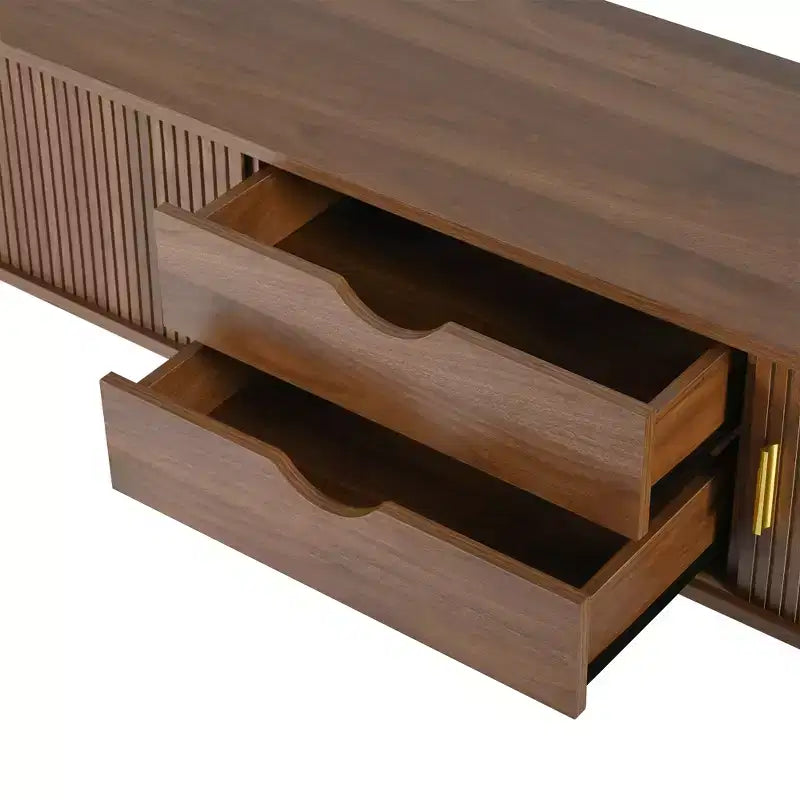 Meuble TV en bois avec porte tambour coulissante pour téléviseur de 80 pouces, meuble de rangement TV cannelé avec poignée dorée, console de meuble TV ovale