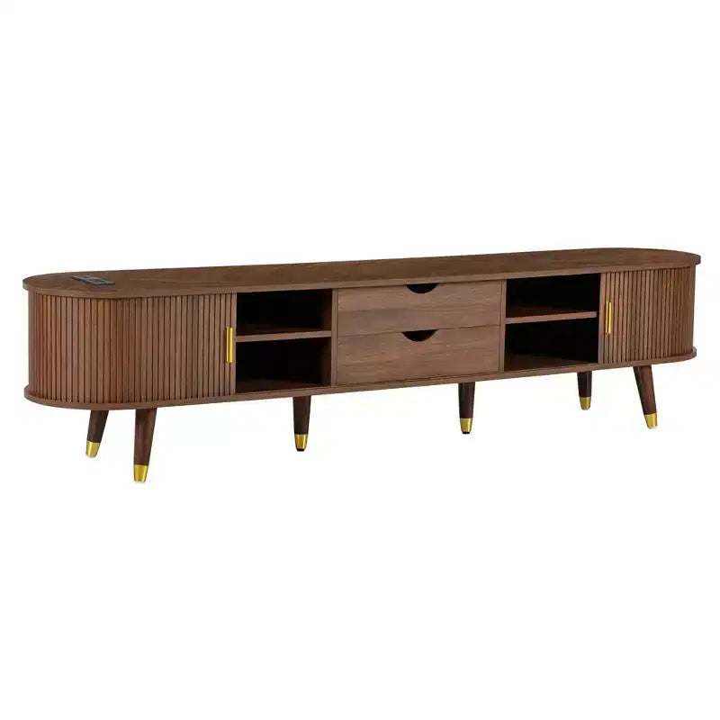Meuble TV en bois avec porte tambour coulissante pour téléviseur de 80 pouces, meuble de rangement TV cannelé avec poignée dorée, console de meuble TV ovale