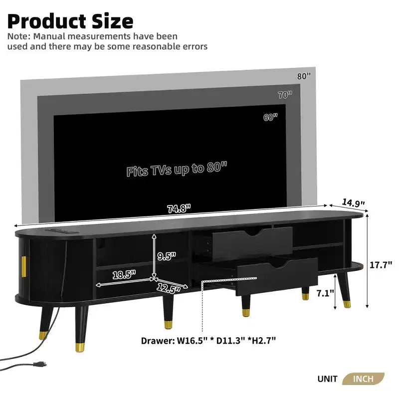 Meuble TV en bois avec porte tambour coulissante pour téléviseur de 80 pouces, meuble de rangement TV cannelé avec poignée dorée, console de meuble TV ovale