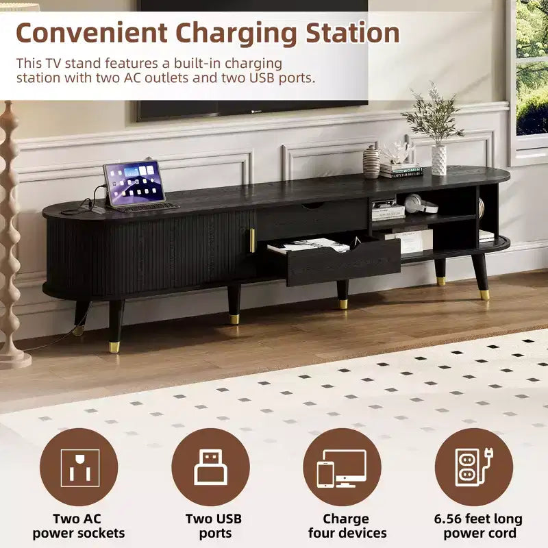 Meuble TV en bois avec porte tambour coulissante pour téléviseur de 80 pouces, meuble de rangement TV cannelé avec poignée dorée, console de meuble TV ovale