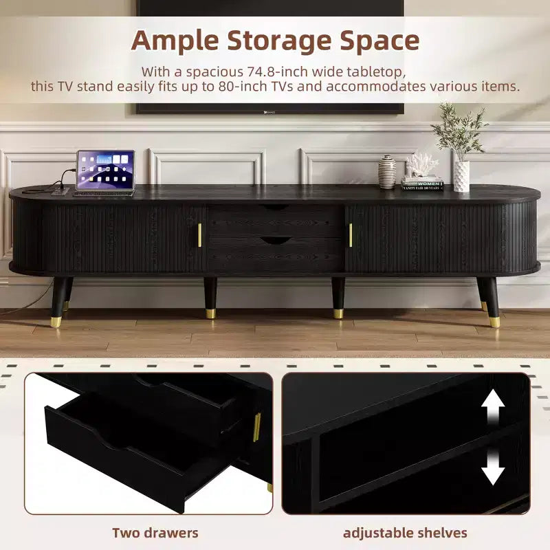 Meuble TV en bois avec porte tambour coulissante pour téléviseur de 80 pouces, meuble de rangement TV cannelé avec poignée dorée, console de meuble TV ovale
