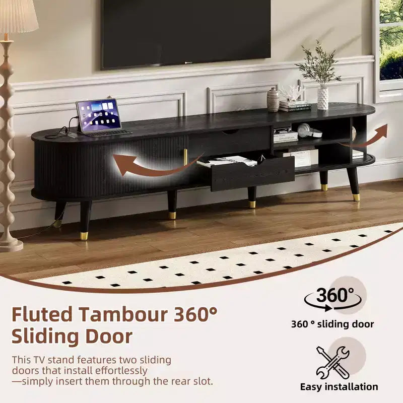 Meuble TV en bois avec porte tambour coulissante pour téléviseur de 80 pouces, meuble de rangement TV cannelé avec poignée dorée, console de meuble TV ovale