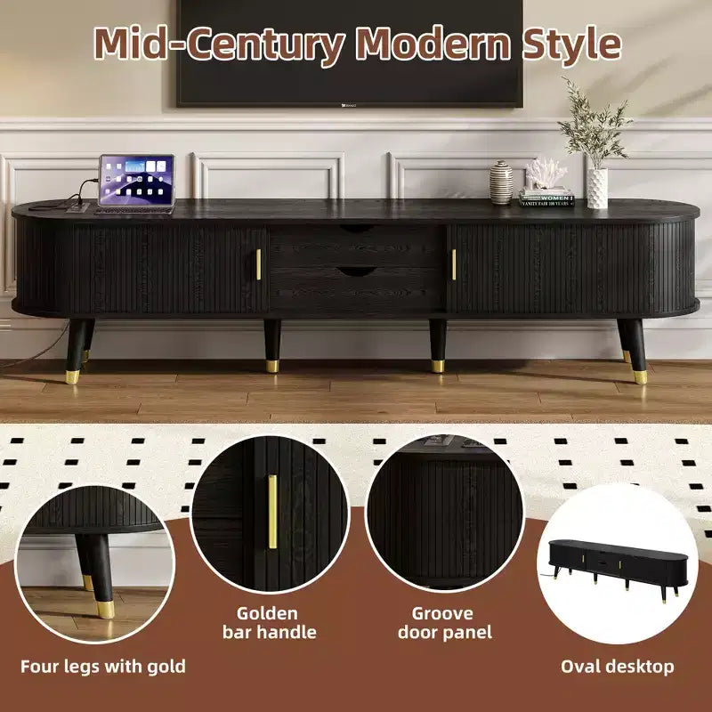 Meuble TV en bois avec porte tambour coulissante pour téléviseur de 80 pouces, meuble de rangement TV cannelé avec poignée dorée, console de meuble TV ovale
