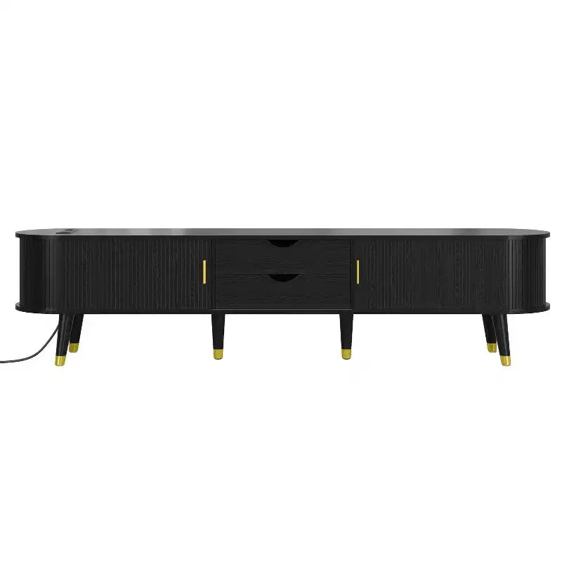 Meuble TV en bois avec porte tambour coulissante pour téléviseur de 80 pouces, meuble de rangement TV cannelé avec poignée dorée, console de meuble TV ovale