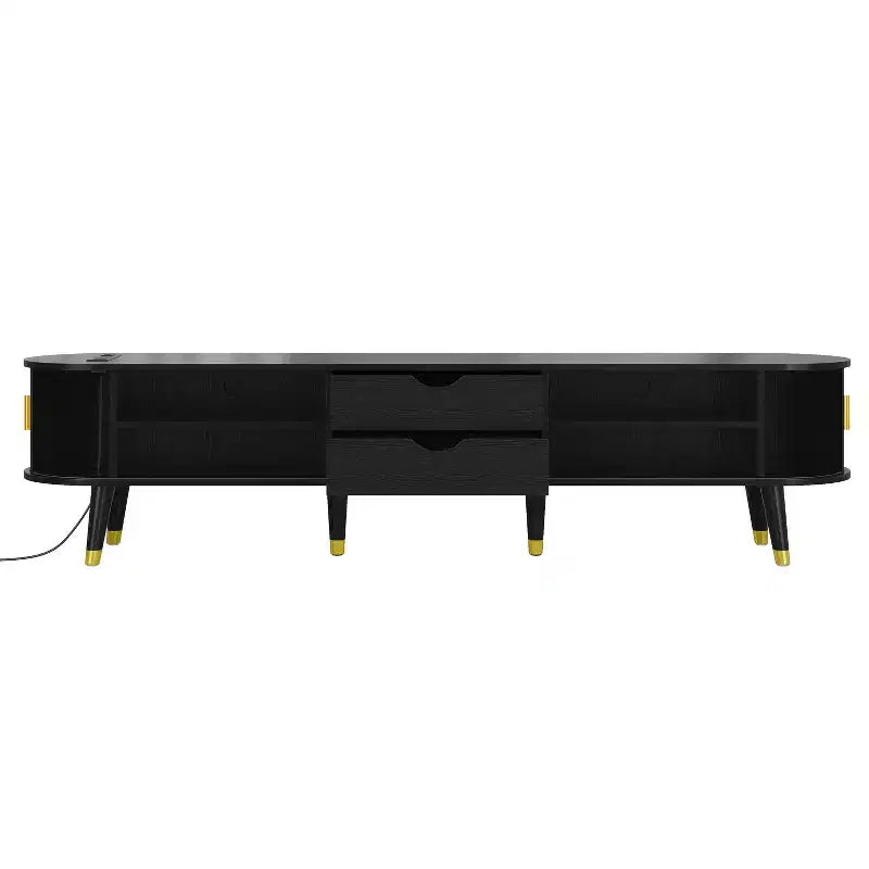 Meuble TV en bois avec porte tambour coulissante pour téléviseur de 80 pouces, meuble de rangement TV cannelé avec poignée dorée, console de meuble TV ovale