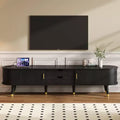 Wood TV Stand with Sliding Tambour Door for 80 inch TV, Fluted TV Storage Cabinet with Golden Handle, Oval Entertainment Center Console Table