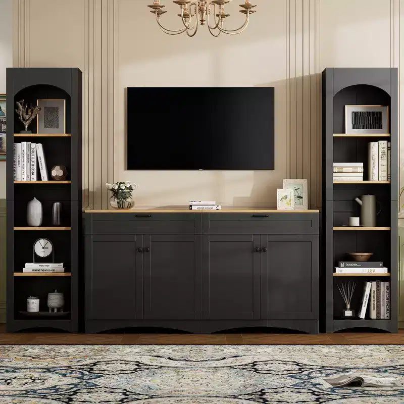 Ensemble de 3 meubles TV en bois avec étagère pour téléviseur de 70 pouces, meuble de rangement TV avec étagères réglables, table console média de style Mid-Century, gris