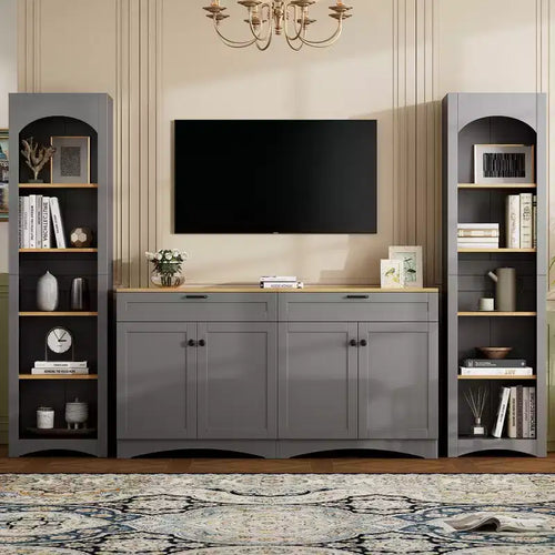 Ensemble de 3 meubles TV en bois avec étagère pour téléviseur de 70 pouces, meuble de rangement TV avec étagères réglables, table console média de style Mid-Century, gris