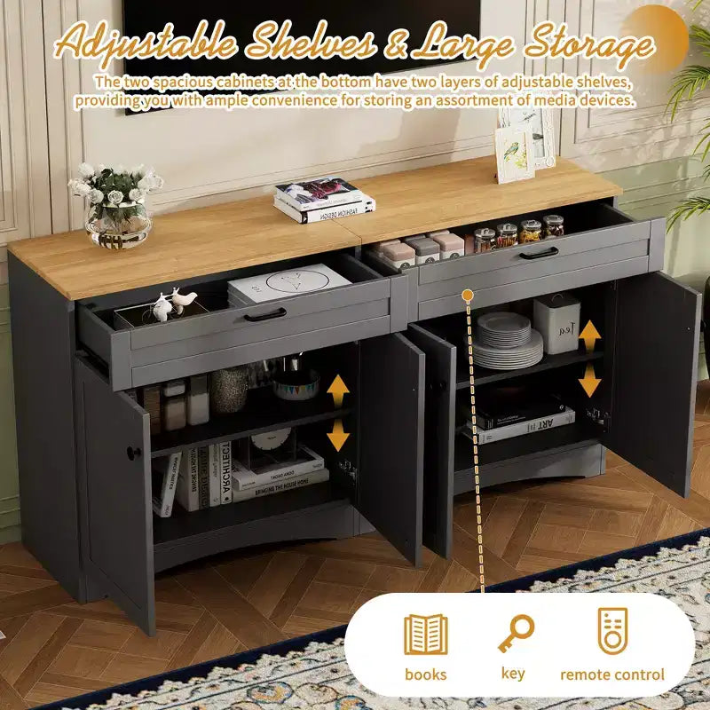 Ensemble de 3 meubles TV en bois avec étagère pour téléviseur de 70 pouces, meuble de rangement TV avec étagères réglables, table console média de style Mid-Century, gris