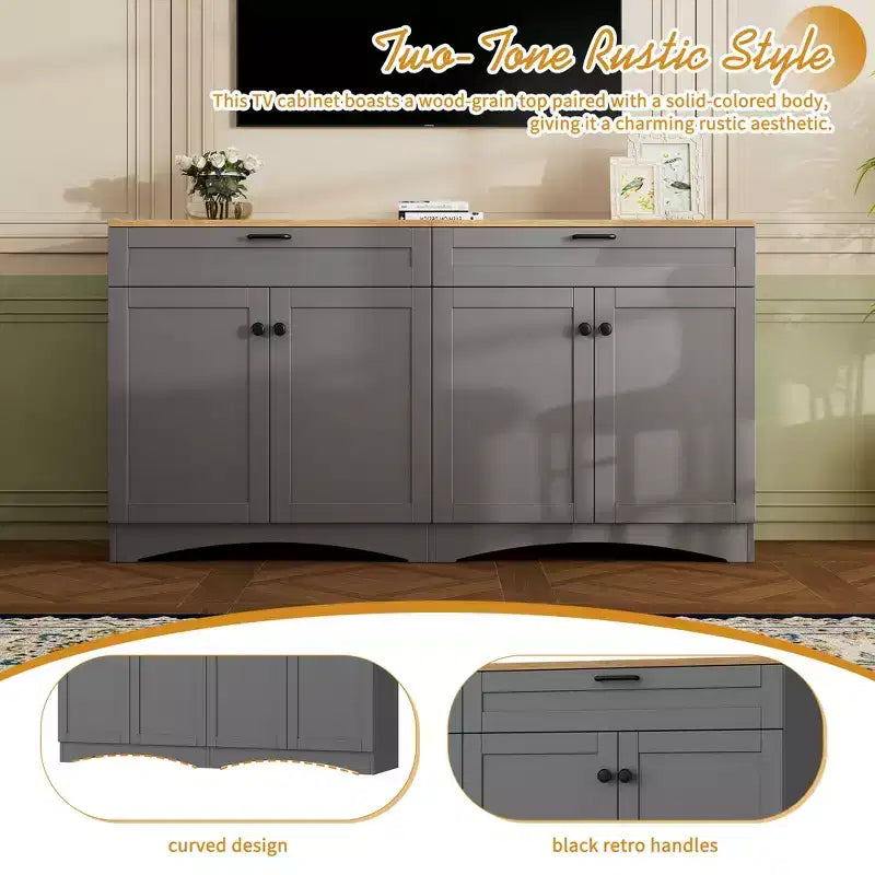 Ensemble de 3 meubles TV en bois avec étagère pour téléviseur de 70 pouces, meuble de rangement TV avec étagères réglables, table console média de style Mid-Century, gris