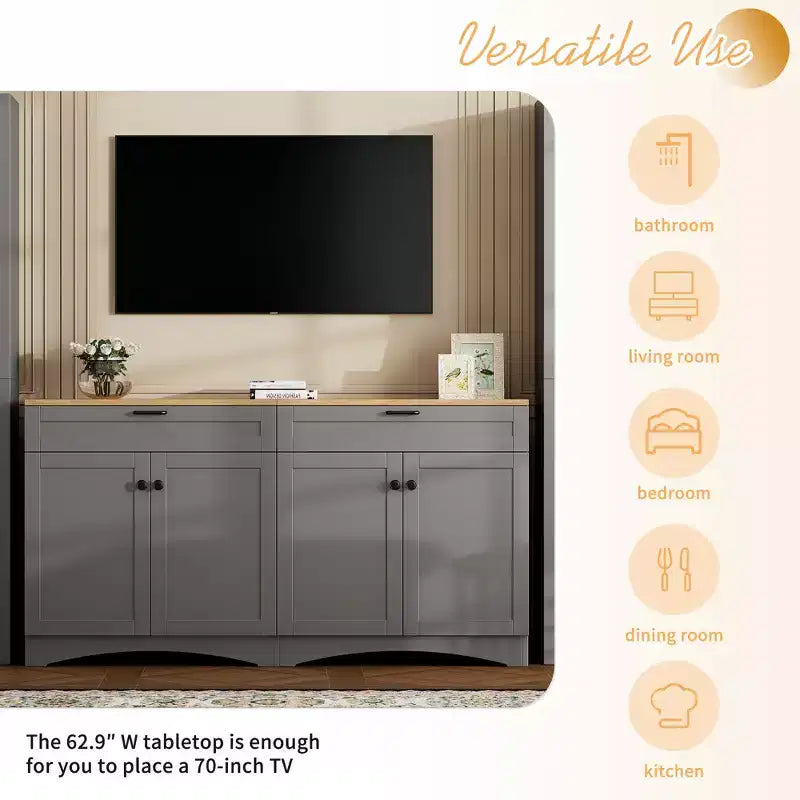 Ensemble de 3 meubles TV en bois avec étagère pour téléviseur de 70 pouces, meuble de rangement TV avec étagères réglables, table console média de style Mid-Century, gris