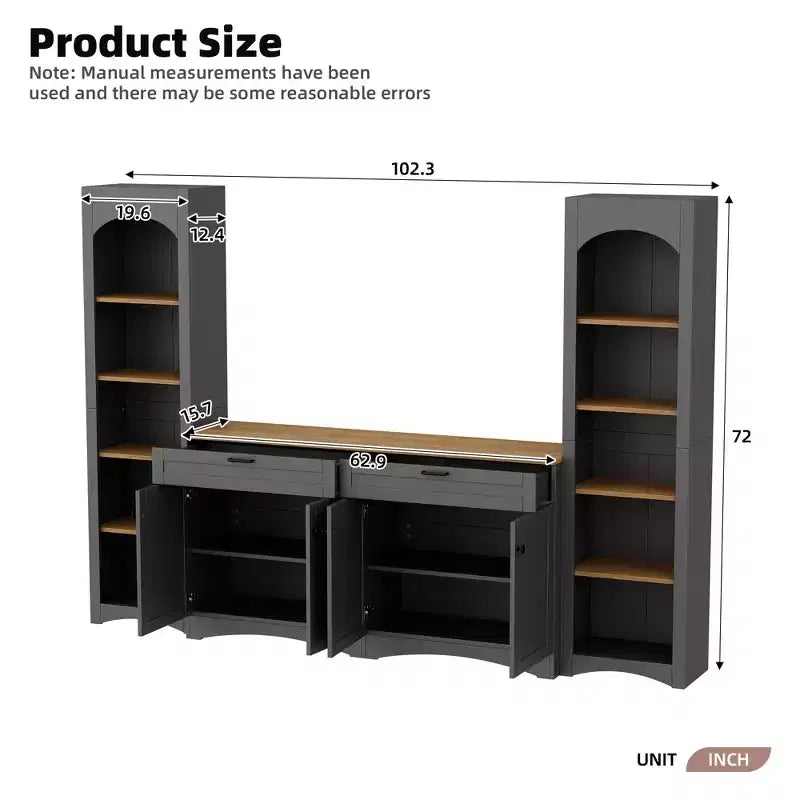 Ensemble de 3 meubles TV en bois avec étagère pour téléviseur de 70 pouces, meuble de rangement TV avec étagères réglables, table console média de style Mid-Century, gris