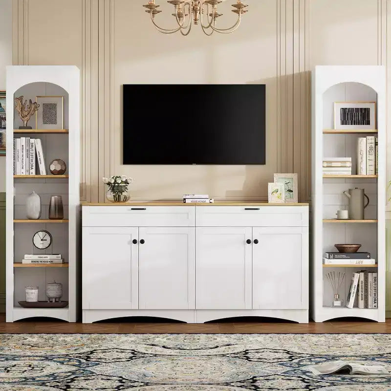 Ensemble de 3 meubles TV en bois avec étagère pour téléviseur de 70 pouces, meuble de rangement TV avec étagères réglables, table console média de style Mid-Century, gris
