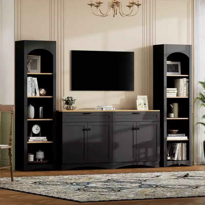 3-Piece Wooden TV Stand Set with Bookshelf for 70 inch TV, TV Storage Cabinet with Adjustable Shelves, Mid-Century Media Console Table, Gray