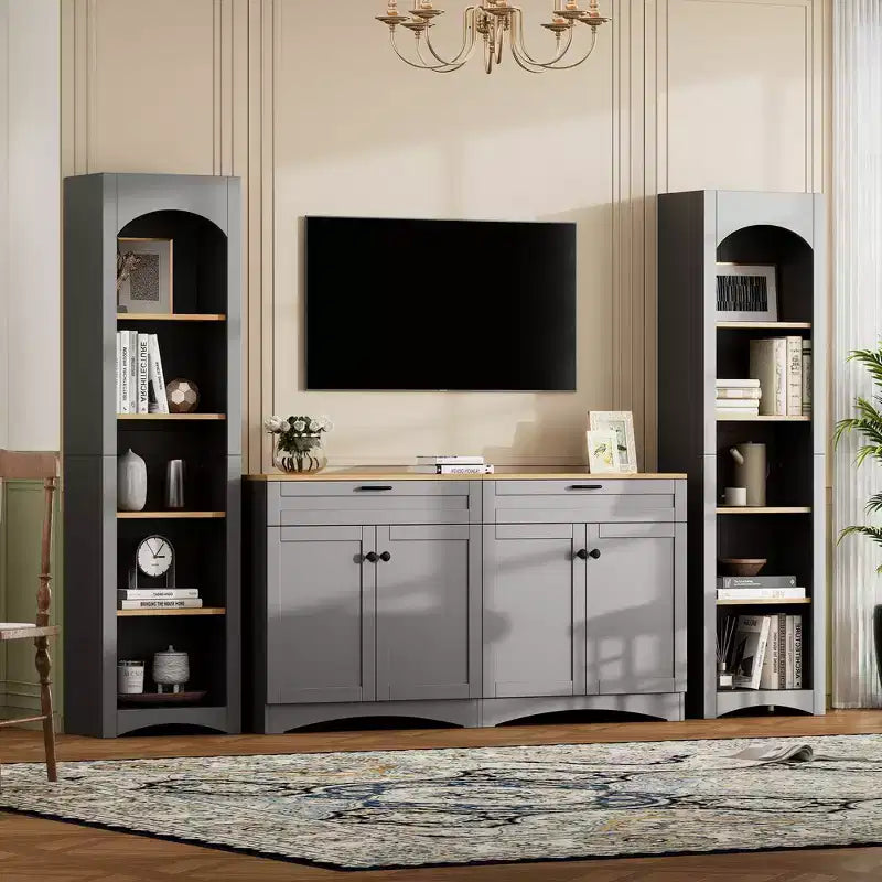Ensemble de 3 meubles TV en bois avec étagère pour téléviseur de 70 pouces, meuble de rangement TV avec étagères réglables, table console média de style Mid-Century, gris