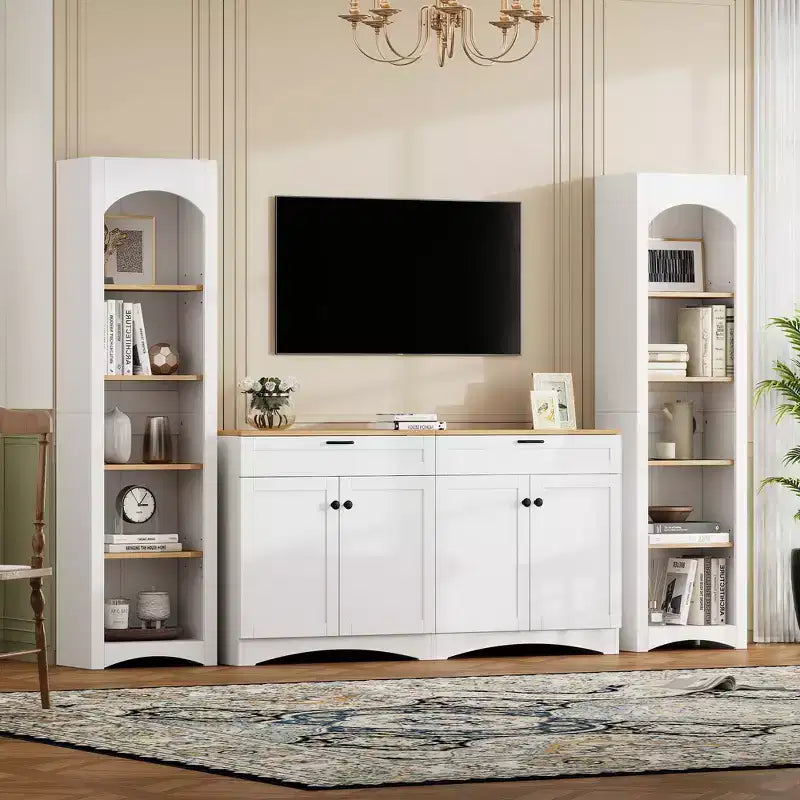Ensemble de 3 meubles TV en bois avec étagère pour téléviseur de 70 pouces, meuble de rangement TV avec étagères réglables, table console média de style Mid-Century, gris