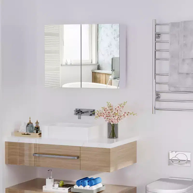 Miroir de salle de bain mural à double porte, armoire à pharmacie 80 x 60 cm au design moderne, grand rangement et charnières silencieuses