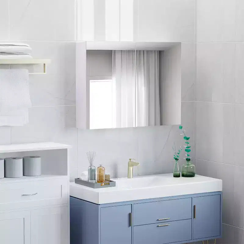 Miroir de salle de bain mural à double porte, armoire à pharmacie 80 x 60 cm au design moderne, grand rangement et charnières silencieuses