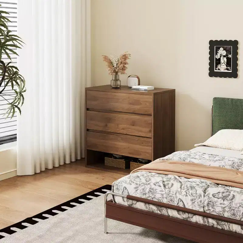 Table de chevet Luck Live Moderne à 3 tiroirs avec étagère de rangement ouverte, Table de chevet minimaliste pour chambre à coucher, couleur noyer
