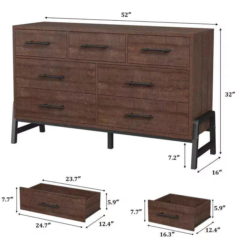 Commode de chambre à coucher 7 tiroirs, commode autoportante de 132 cm de large avec rangement, meuble de rangement en bois pour placard