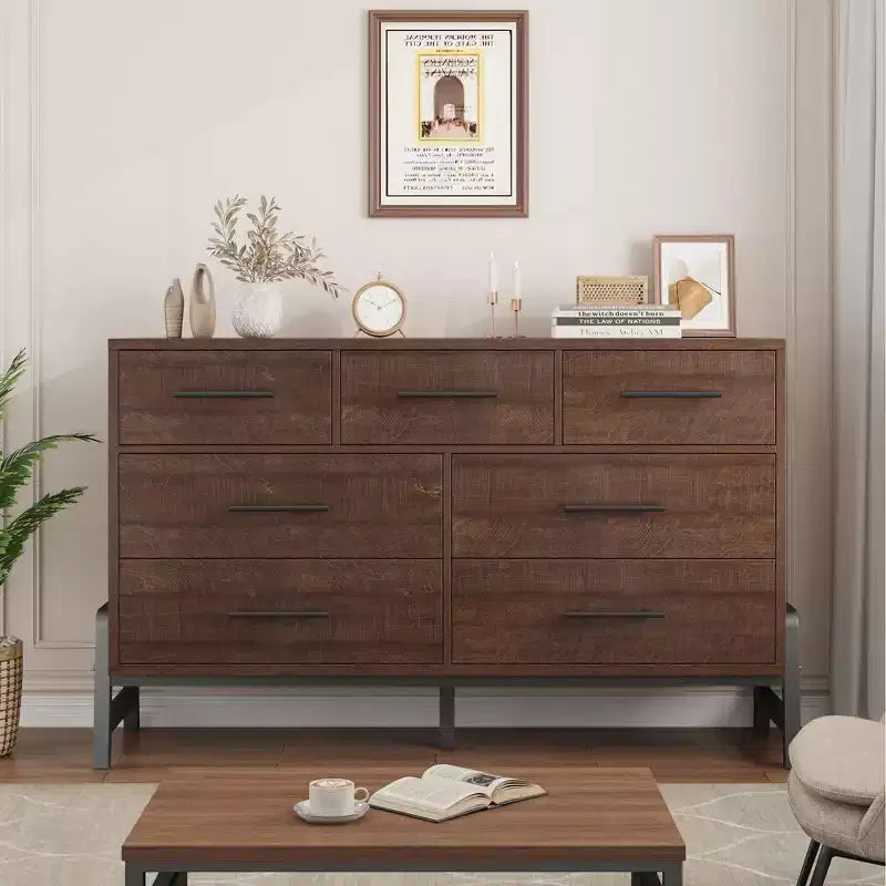 Commode de chambre à coucher 7 tiroirs, commode autoportante de 132 cm de large avec rangement, meuble de rangement en bois pour placard