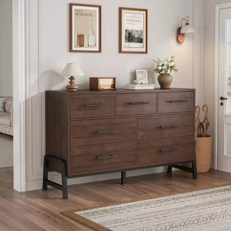 Commode de chambre à coucher 7 tiroirs, commode autoportante de 132 cm de large avec rangement, meuble de rangement en bois pour placard