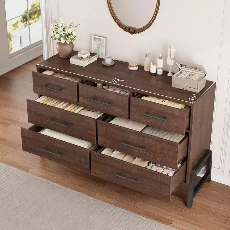 Commode de chambre à coucher 7 tiroirs, commode autoportante de 132 cm de large avec rangement, meuble de rangement en bois pour placard