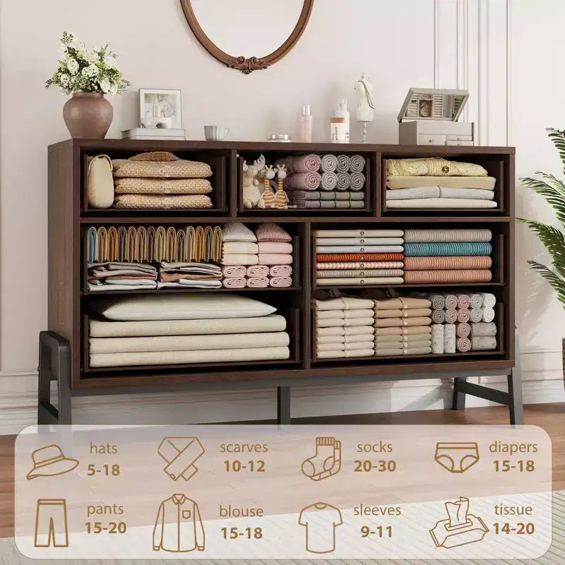 Commode de chambre à coucher 7 tiroirs, commode autoportante de 132 cm de large avec rangement, meuble de rangement en bois pour placard