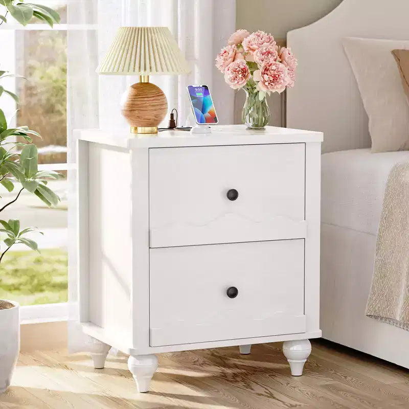 Table de chevet en bois Besiost avec station de charge, commode de rangement avec 2 tiroirs