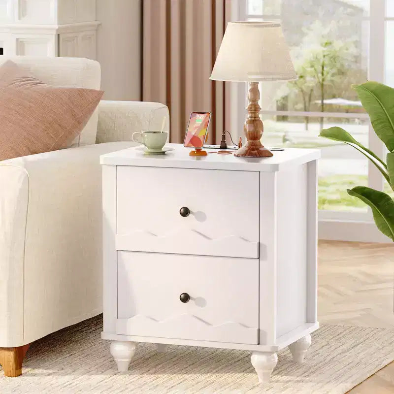 Table de chevet en bois Besiost avec station de charge, commode de rangement avec 2 tiroirs