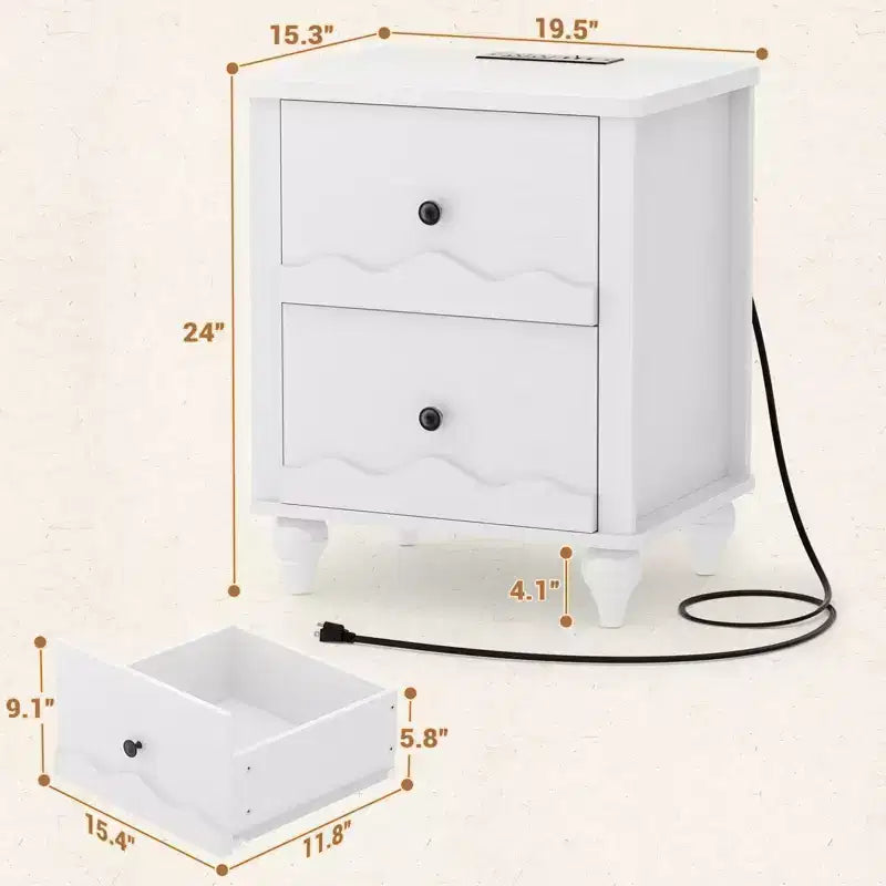 Table de chevet en bois Besiost avec station de charge, commode de rangement avec 2 tiroirs