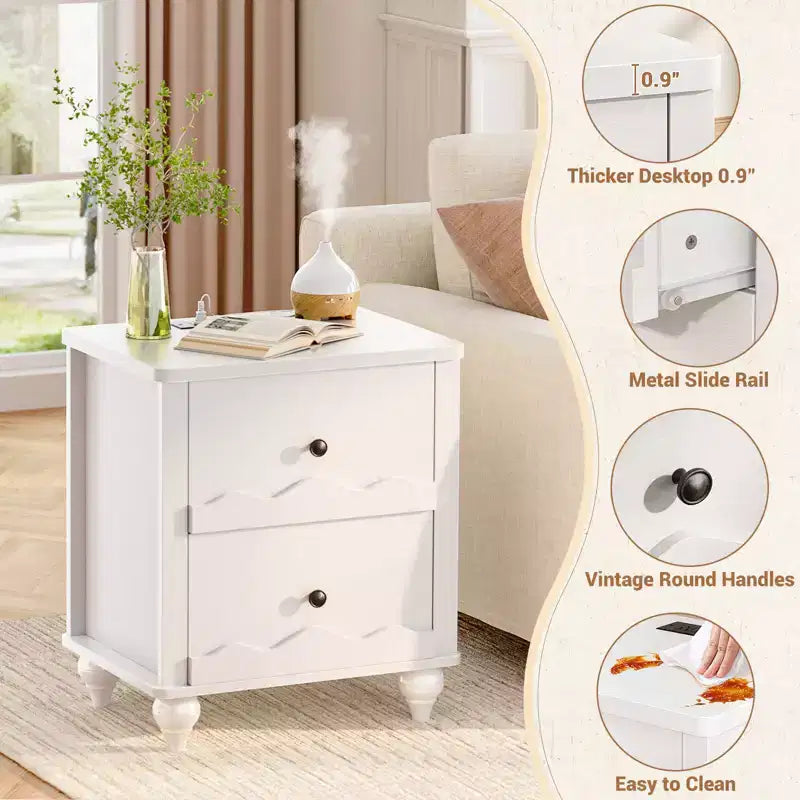 Table de chevet en bois Besiost avec station de charge, commode de rangement avec 2 tiroirs
