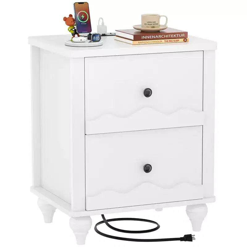 Table de chevet en bois Besiost avec station de charge, commode de rangement avec 2 tiroirs