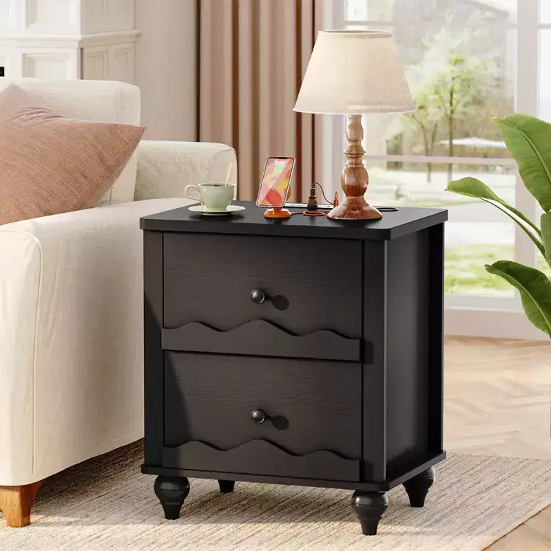 Table de chevet en bois Besiost avec station de charge, commode de rangement avec 2 tiroirs