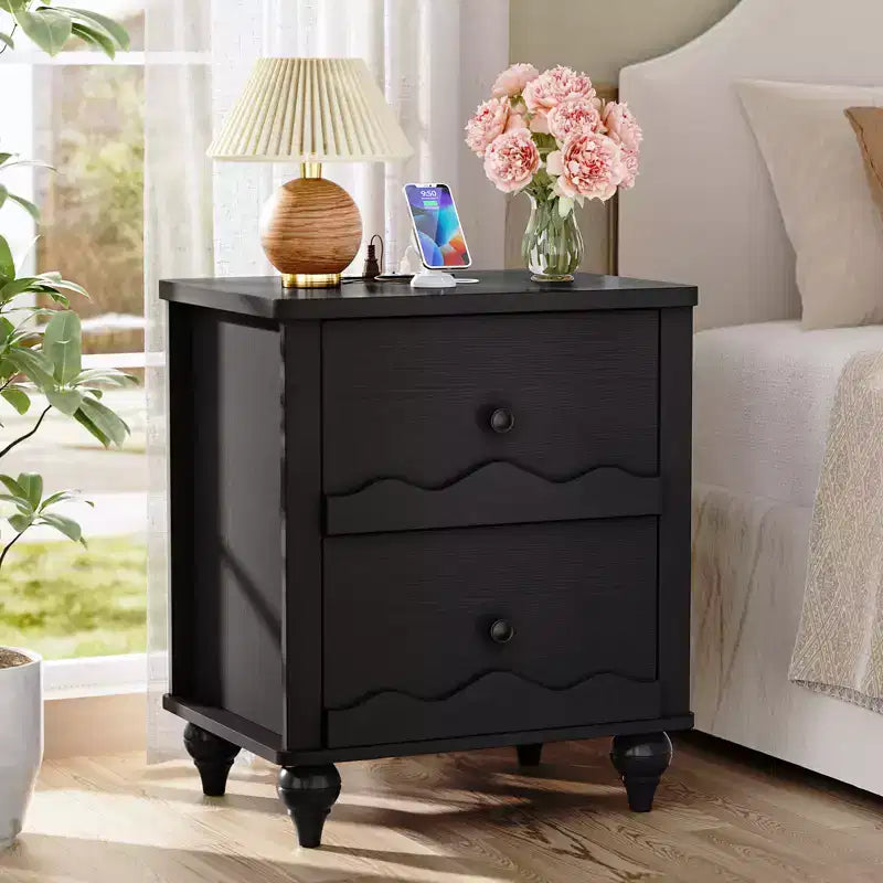 Table de chevet en bois Besiost avec station de charge, commode de rangement avec 2 tiroirs