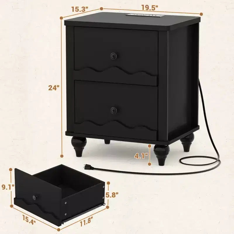 Table de chevet en bois Besiost avec station de charge, commode de rangement avec 2 tiroirs